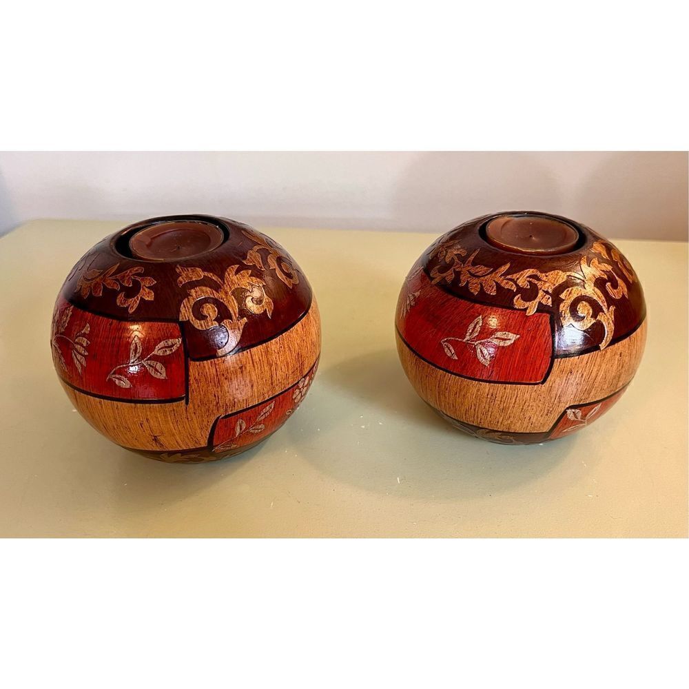 Vintage Wooden Oval Floral Raised Relief Earthtones Candle Holder‎ Lot of 2